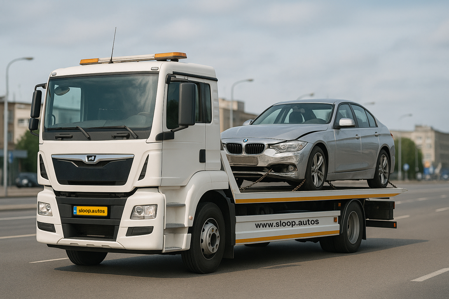 Professional sloop.autos tow truck transporting BMW for recycling